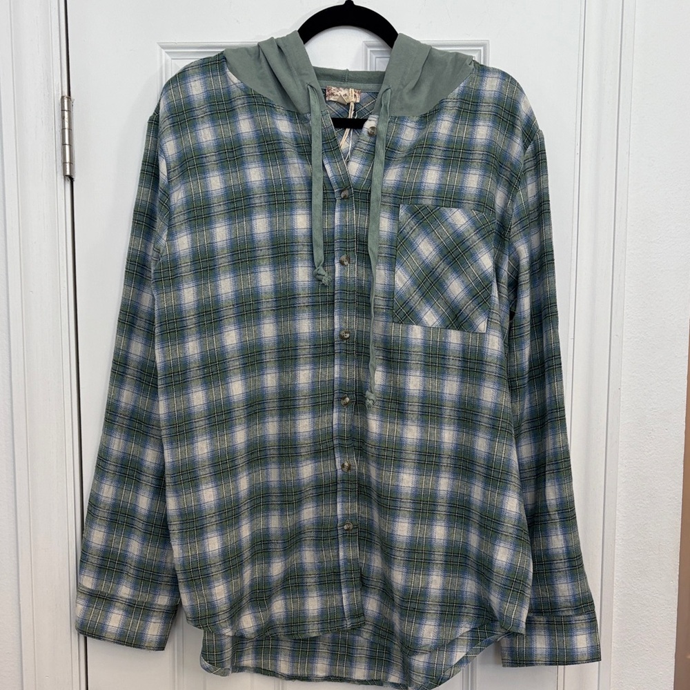 NWT Hem & Thread Green/Blue Flannel Plaid Button Down Shirt with Hood‎